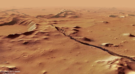 a clickable image link to the hi-res image of the trectonic features at Cerberus Fossae on Mars, leading directly to the ESA website page